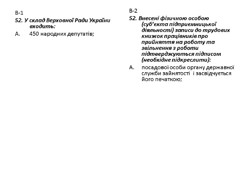 В-1 52. У склад Верховної Ради України входить: 450 народних депутатів; В-2 52. Внесені